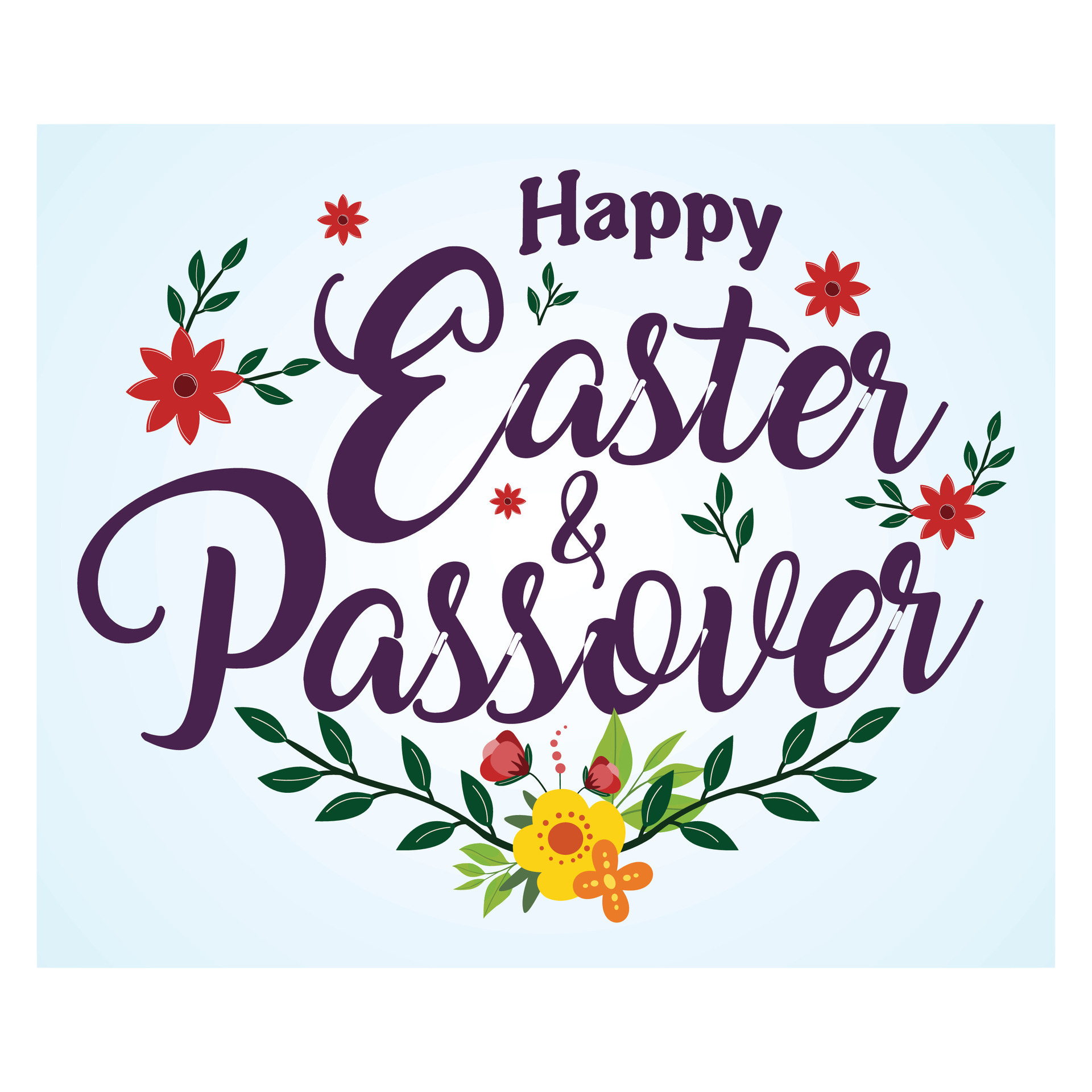 happy easter and passover hand lettering text with eggs flowers and leaves flat modern illustration free vector